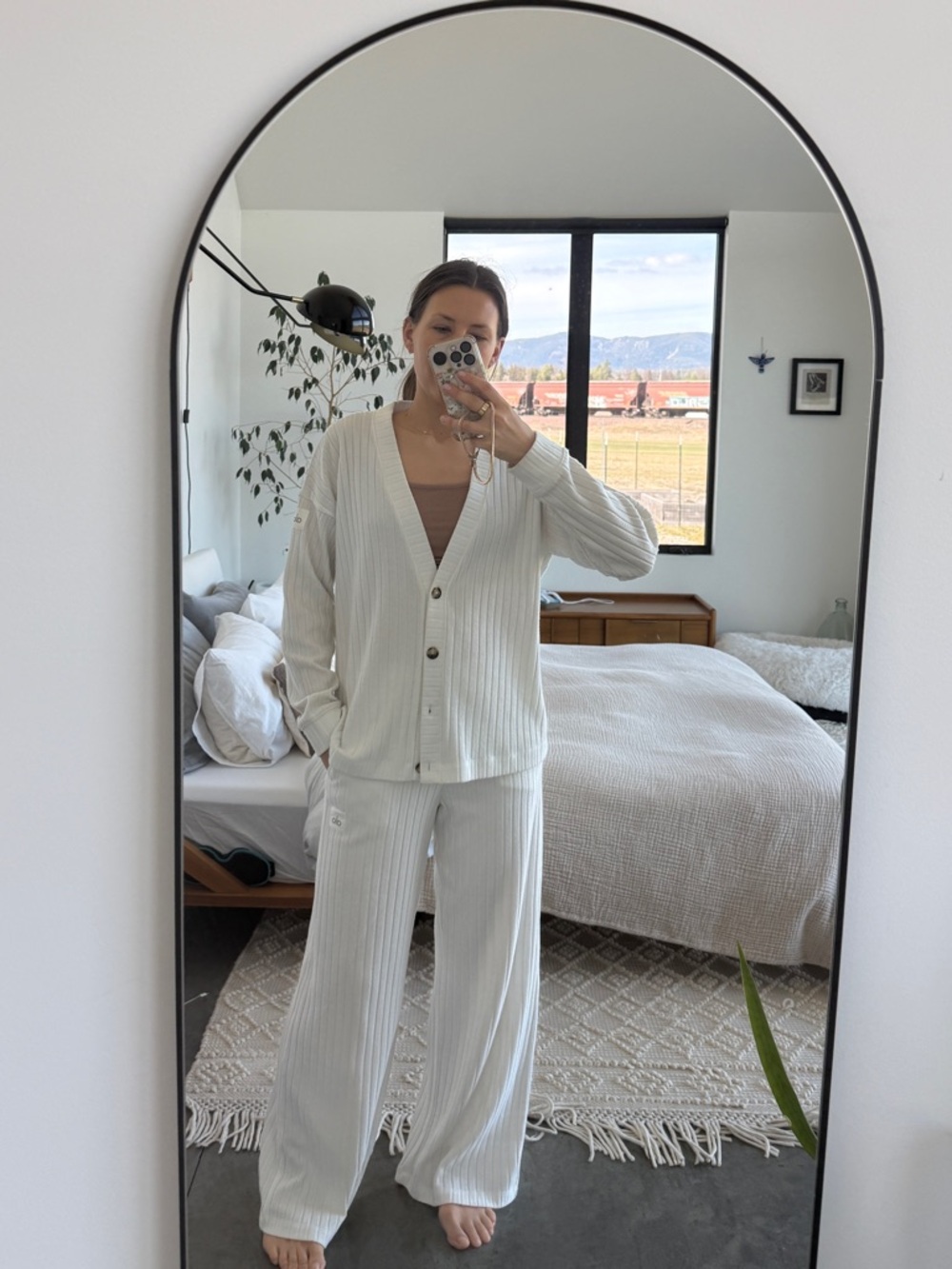 ALO Yoga White Ribbed Wide Leg Pants and Matching Cardigan Set